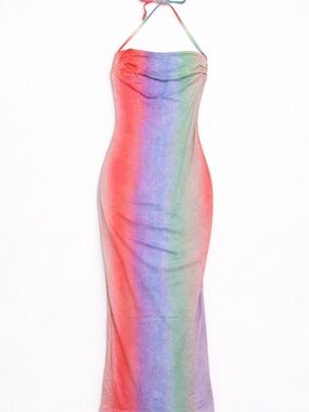 New pink | Dolls kill | Rainbow Gradient Halter Maxi Dress - Multi colored